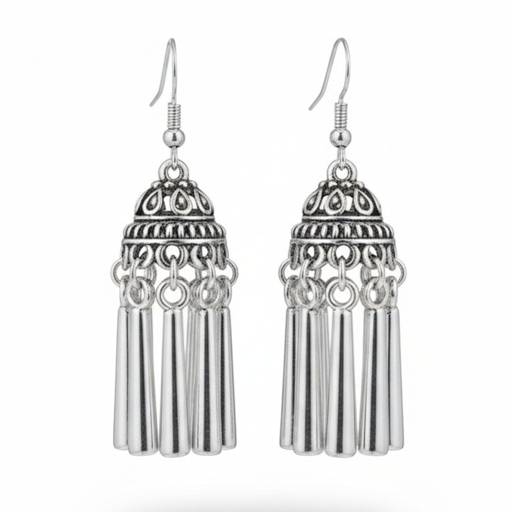 Silver‎ Tone Bell Tassel Dangling Earrings Boho Tribal Gypsy Festival Jewelry